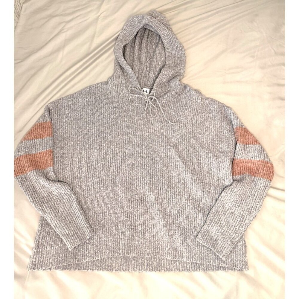 John + Jenn Chenille Hooded Sweater Gray Rust Stripe Sleeve Medium Soft Knit Med